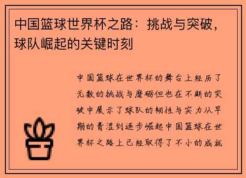 中国篮球世界杯之路：挑战与突破，球队崛起的关键时刻